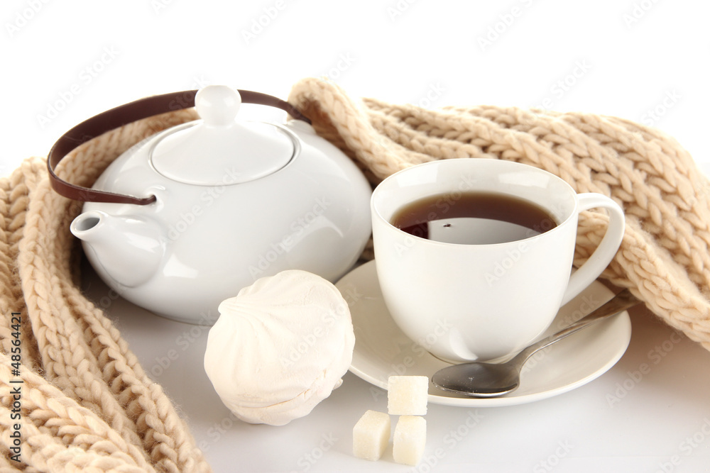 cup of tea with scarf isolated on white cup of tea with scarf isolated on white