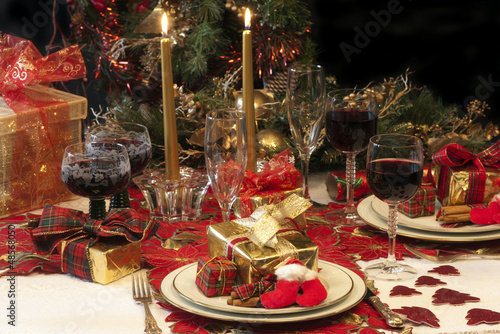 Traditional Christmas table setting.