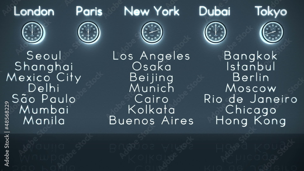 World Clocks and Big Cities Background in Dark Room World Clocks and Big Cities Background in Dark Room