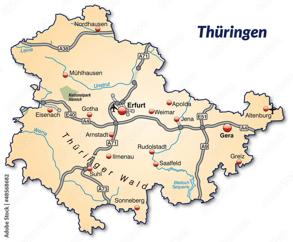 Landkarte von Thüringen mit Verkehrsnetz