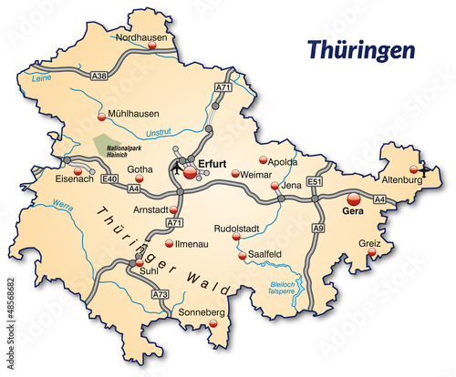 Landkarte von Th  ringen mit Verkehrsnetz