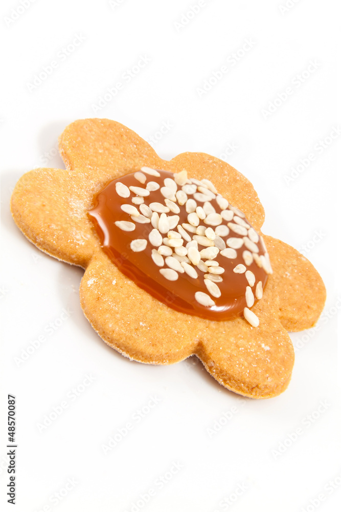 Single homemade cookie with caramel and sesame seeds on white ba Single homemade cookie with caramel and sesame seeds on white ba