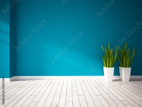 blue empty interior with green plants in white vases