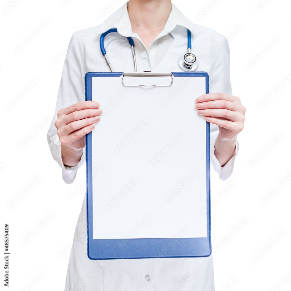 Female medical doctor holding clipboard Female medical doctor holding clipboard