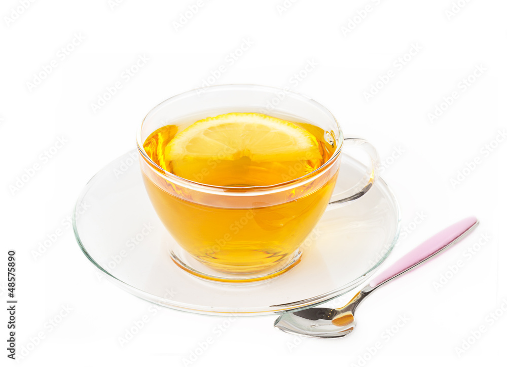 A cup of hot tea on white background