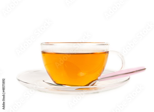 A cup of hot tea on white background