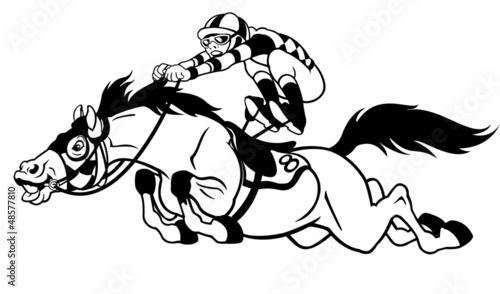 racing horse with jockey black white