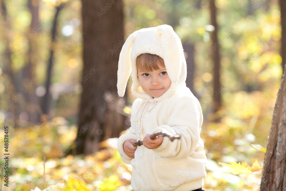 beautiful little girl in costume bunny in the autumn forest beautiful little girl in costume bunny in the autumn forest