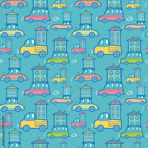 Vector moving houses on cars seamless pattern background with