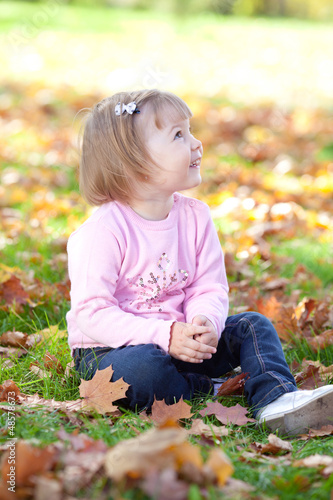 beautiful little girl sitting on the autumn leaves