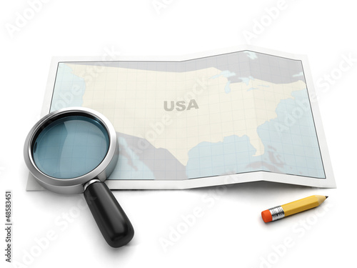 Search on the map. U.S. map magnifier and pencil on white backgr