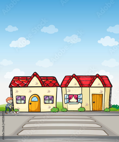 A boy with a dog and houses