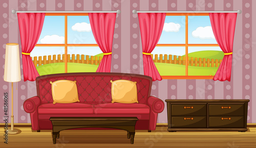 A red sofa and side table