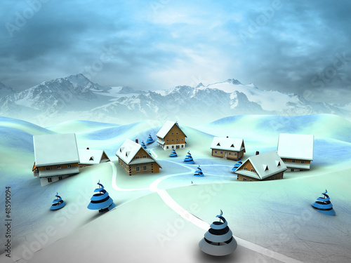Winter village scene with high mountain landscape
