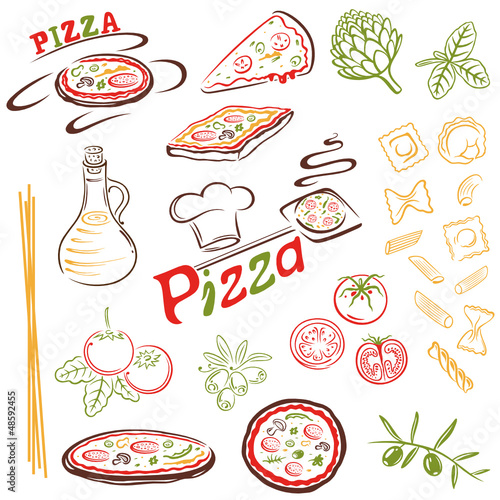 Pizza, Nudeln, Spaghetti, pasta, vector, Italien, Set