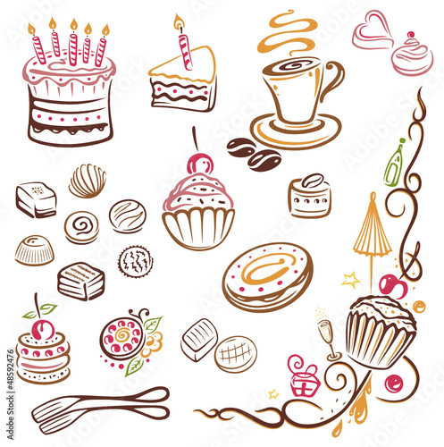 Geburtstag, Kaffee, Kuchen, Süßigkeiten, vector set
