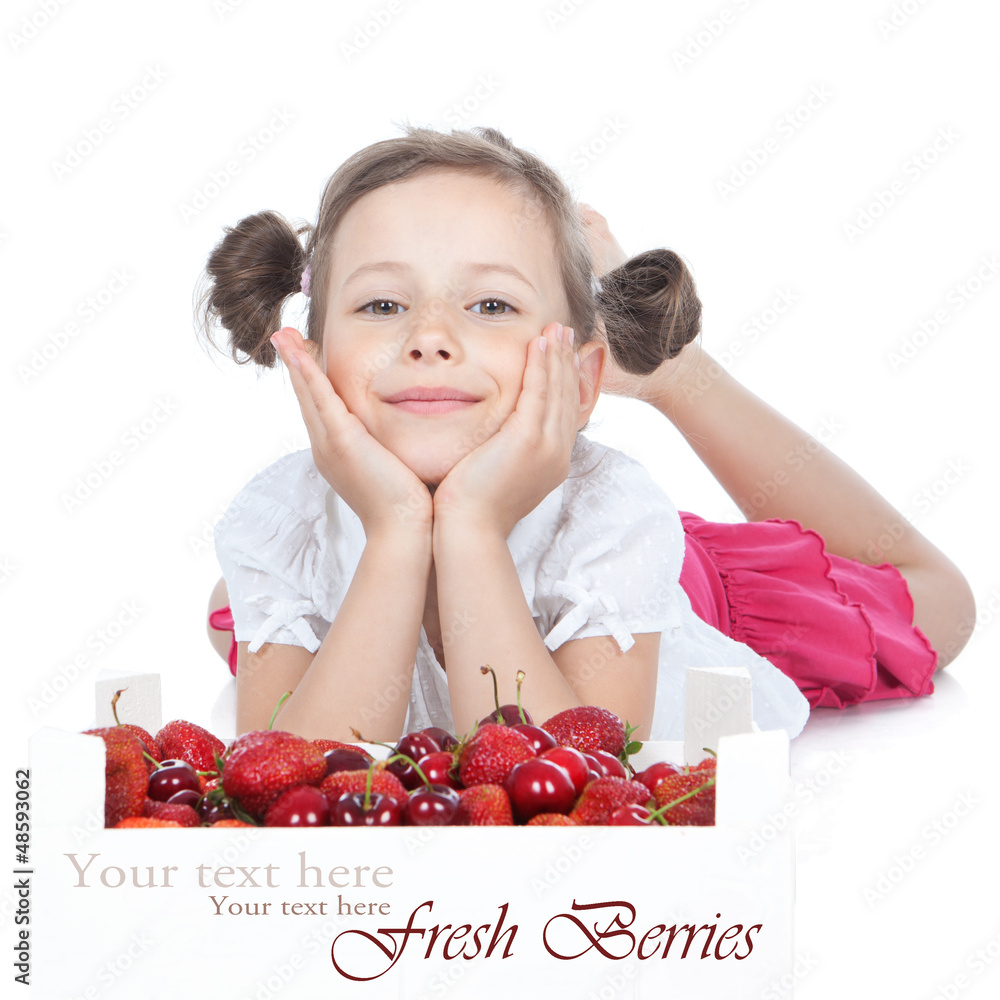 Little girl with fresh berries on white Little girl with fresh berries on white