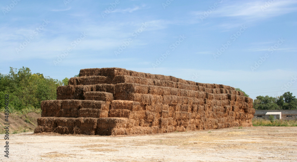 pyramid of hay with the blue cloudy sky