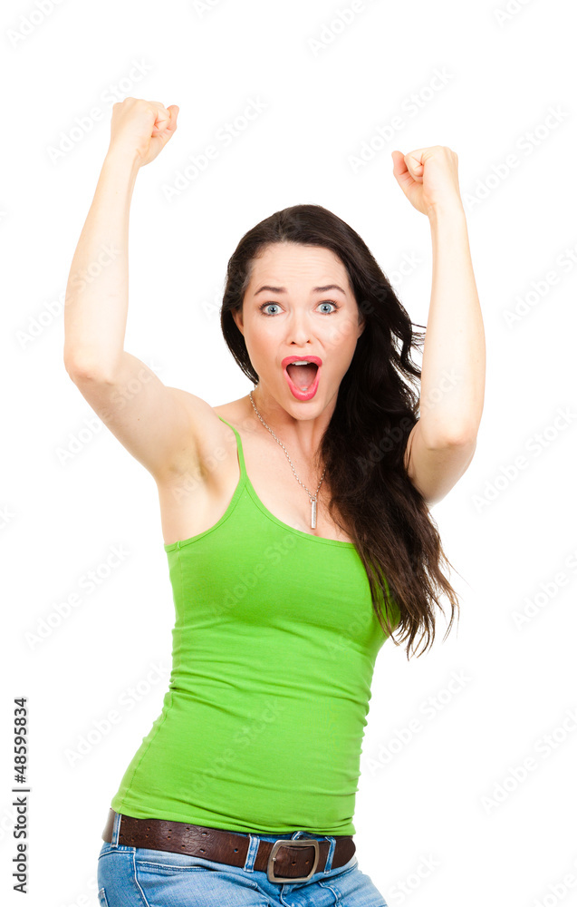Excited woman with hands in the air Excited woman with hands in the air
