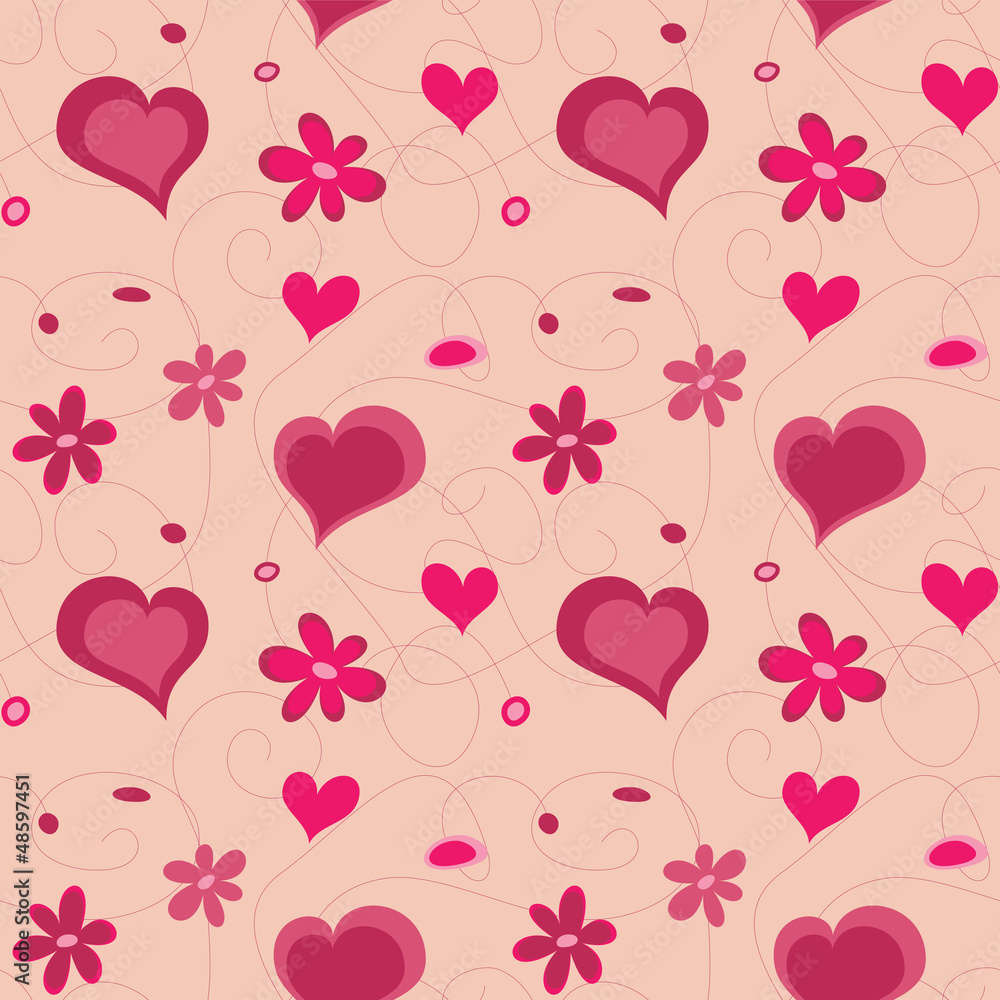 Valentine hearts seamless pattern and flowers