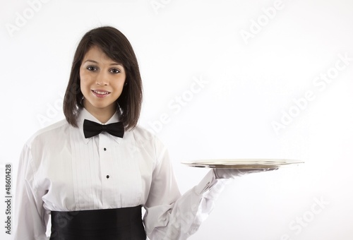 Formal Brunette Server with Silver Tray photo