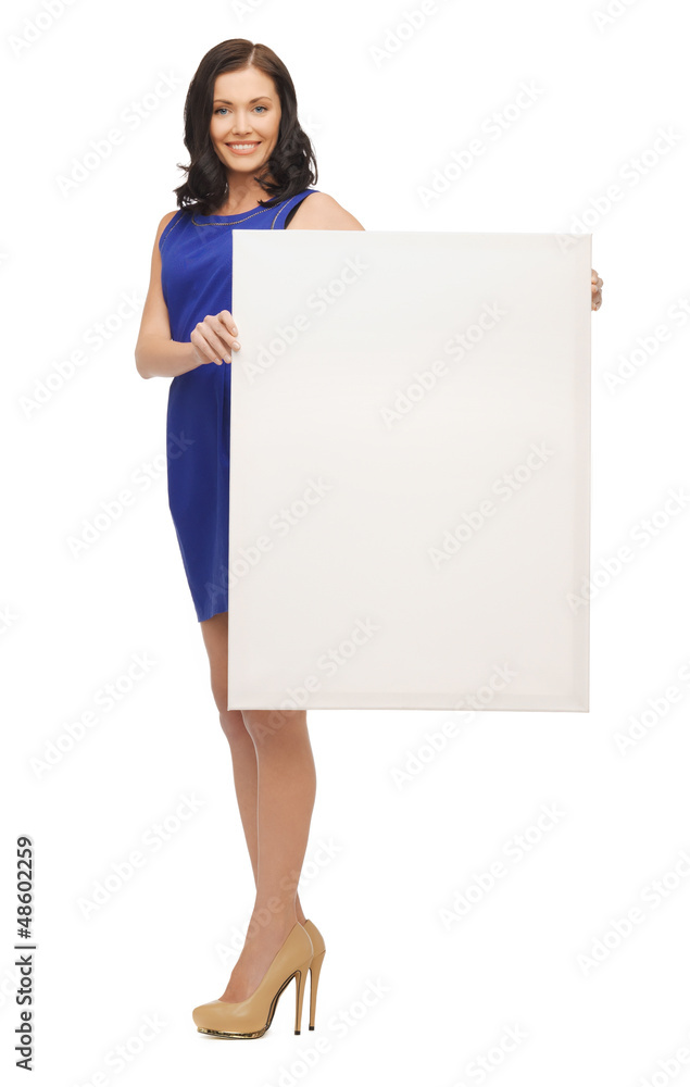 lovely woman in blue dress with blank board lovely woman in blue dress with blank board