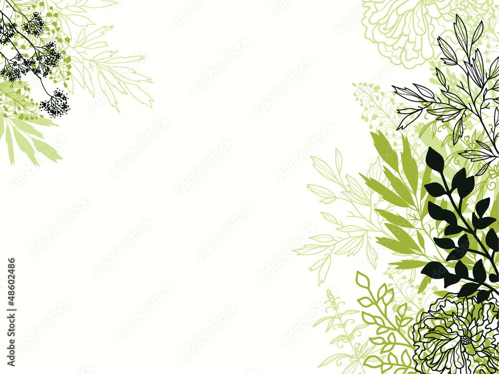 Vector green and black floral background backdrop with hand