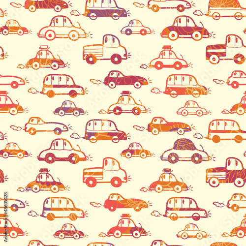 Vector vibrant cars seamless pattern background with hand drawn