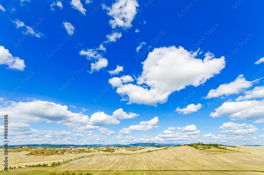 Tuscany landscape. Aerial panorama on fields and trees, Italy, E