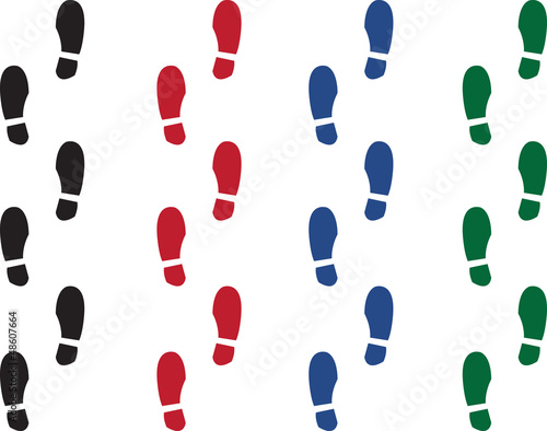 Various colored shoe prints.  Black, red, green and blue