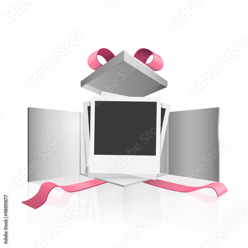 Photographs in a gift box with red ribbons. Vector background is