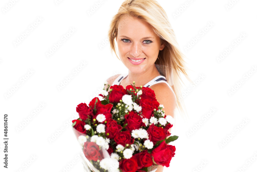 beautiful young woman holding bunch of red roses isolated beautiful young woman holding bunch of red roses isolated