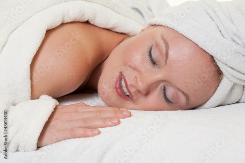 Blond caucasian danish woman relaxing in spa