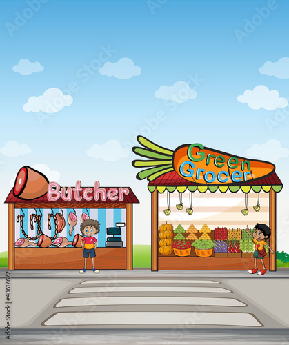 A butcher shop and a fruit stand