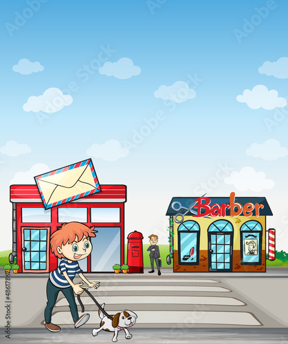 A boy walking with his dog