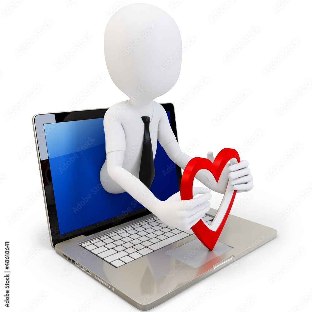 3d man with red heart and laptop 3d man with red heart and laptop
