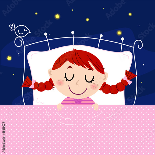 Cute little dreaming girl in bed with sky in the background