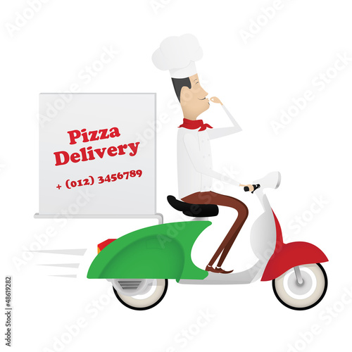 Funny chef delivering pizza on a moped painted as italian flag