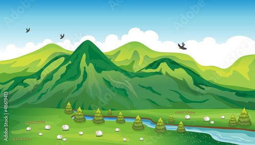 Sheeps, birds and a beautiful landscape