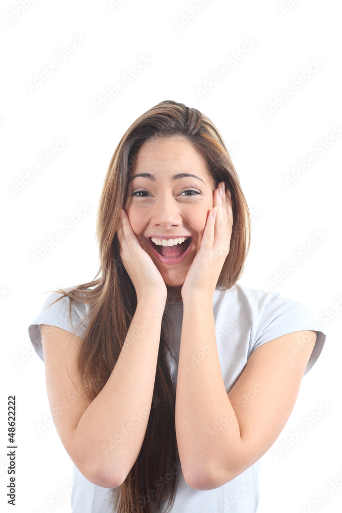 Euphoric woman expression with her hands on the face Euphoric woman expression with her hands on the face