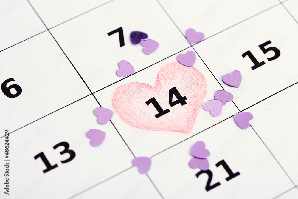 Notes on the calendar (valentines day), close-up Notes on the calendar (valentines day), close-up