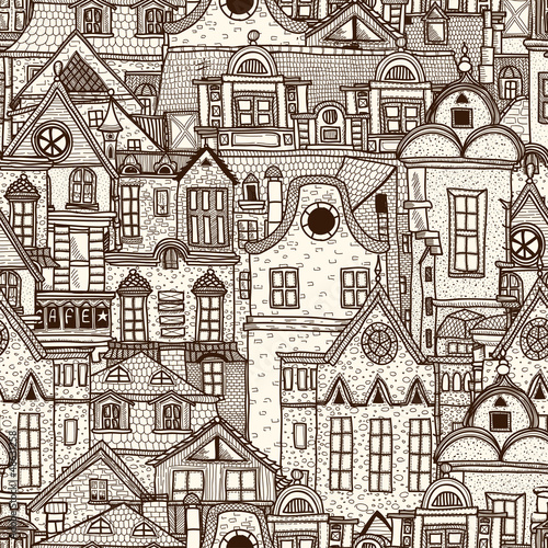 Hand-drawn seamless pattern with old town
