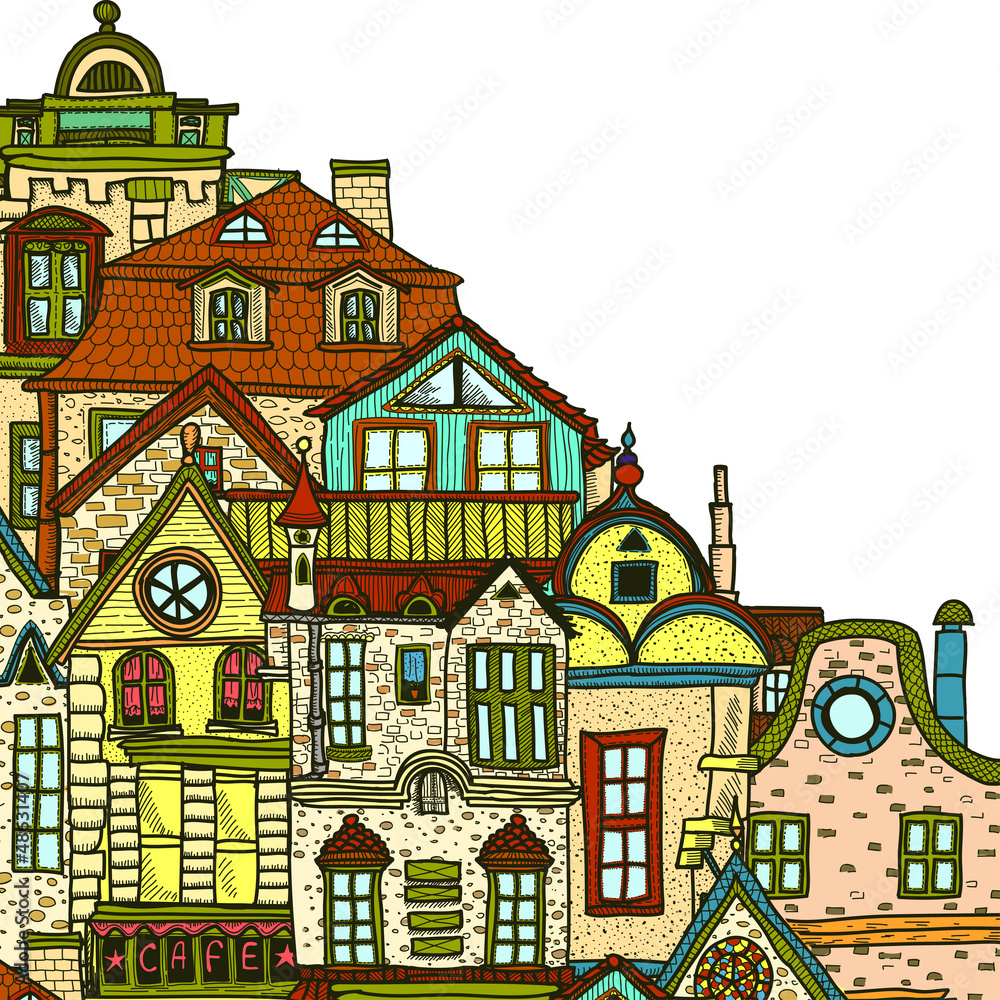 Hand-drawn background with old town