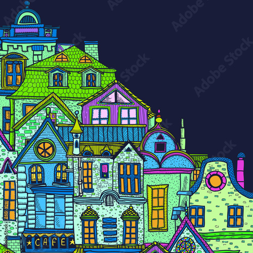 Hand-drawn background with night old town