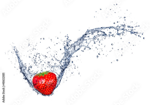 Fresh strawberry in water splash, isolated on white background