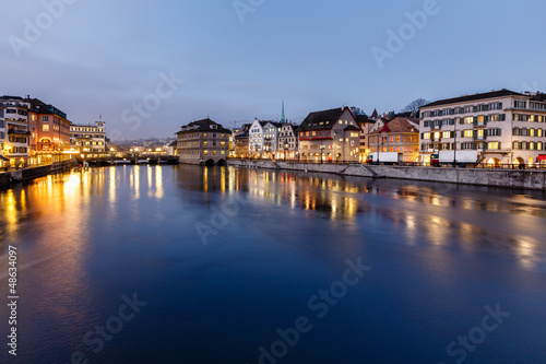 Illuminated Cityhall and Limmat River Bank in the Evening  Zuric