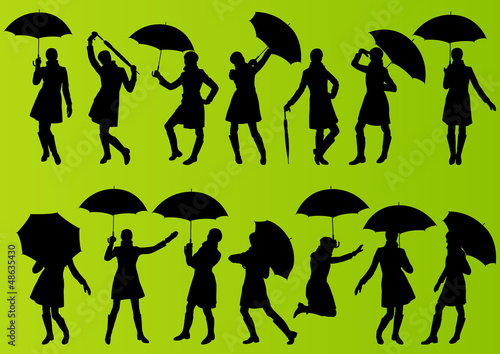 Girl with umbrella and raincoat in detailed editable silhouette