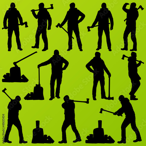 Woodcutter, logger set vector background with man and wood ax