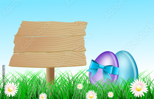 Holzschild mit Gänseblümchen und Ostereiern