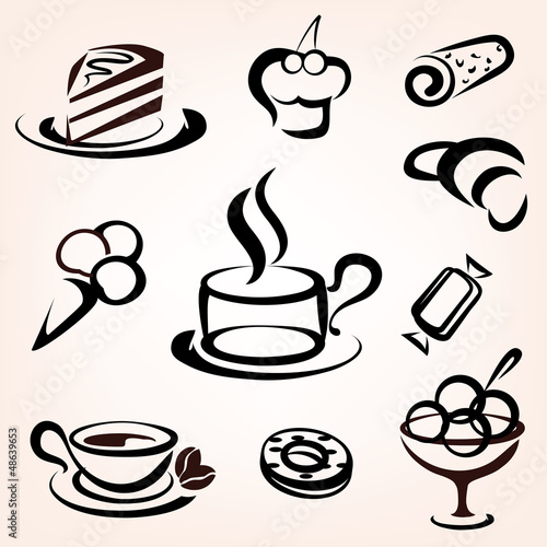 caffe, bakery and other sweet pastry icons set